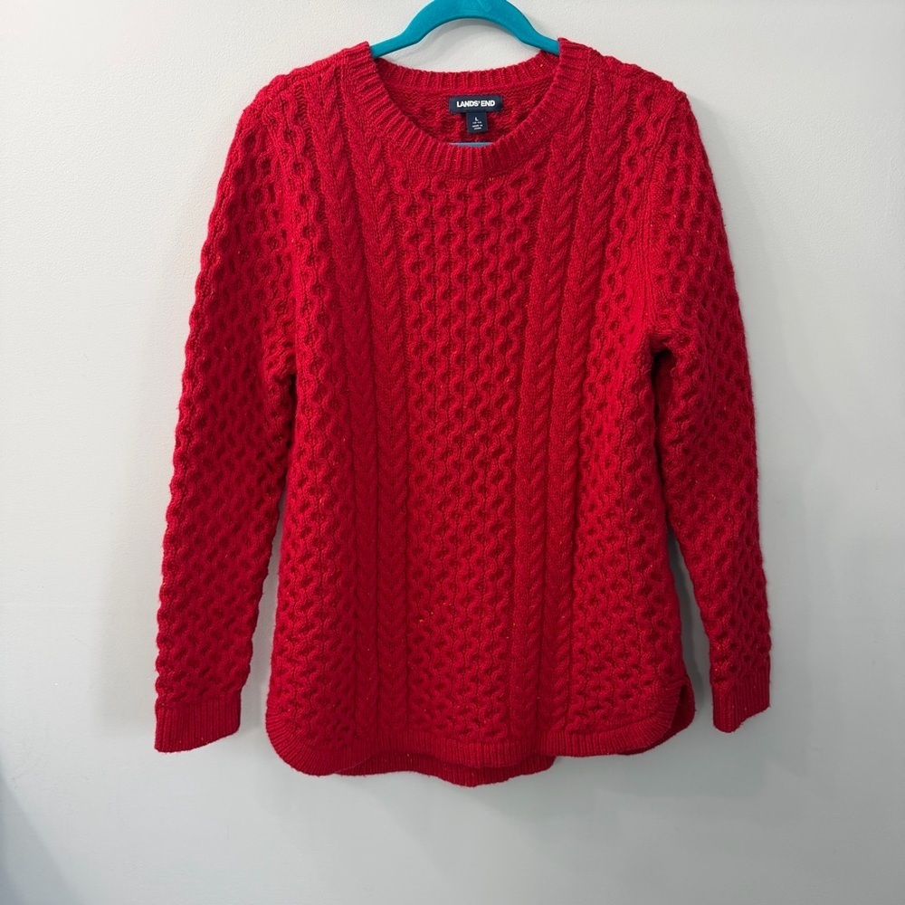 Lands' End Red Speckled Cable & Honeycomb Knit Wool Cotton Blend Sweater Large